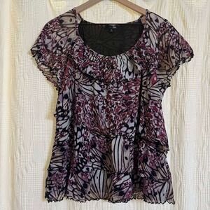 East 5th Butterfly Mesh Layered Ruffle Blouse Purple Black Fairycore Whimsy 2X
